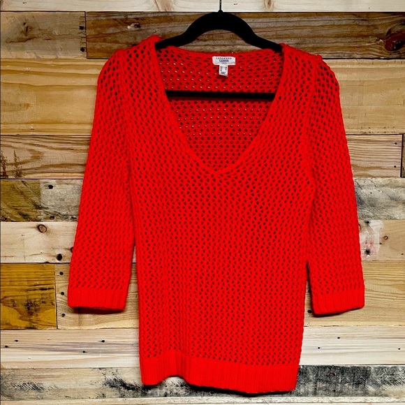 Lands’ End Canvas 1963 size Medium Vibrant Orangish Red V-Neck Open Knit Sweater - Picture 1 of 9